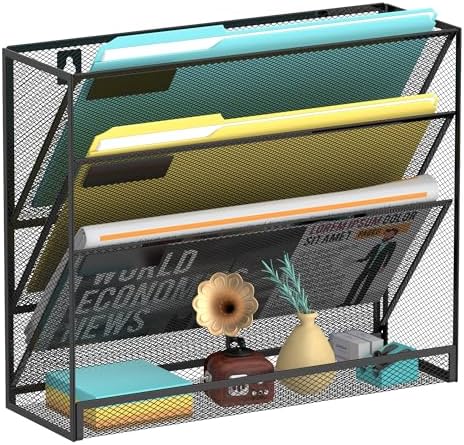SUPEASY Wall File Organizer Mesh Office Mail Holder, Hanging Wall Organizer Magazine Rack for Office Black, 4 Tier
