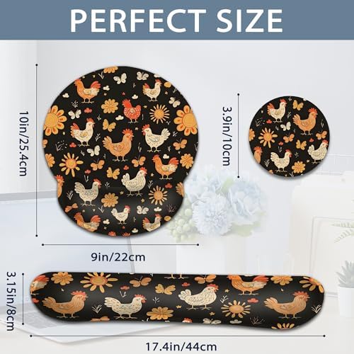 Rooster Hen Wrist Rest Support for Mouse Pad Keyboard Set, Butterfly Flower Mouse Pad with Non Slip Rubber Base for Home and Office Typing Support