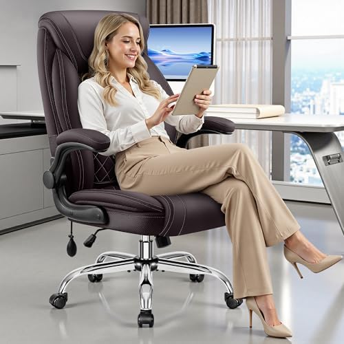 BestGlory Executive Office Chair with Lumbar Support, Big and Tall Ergonomic Computer Desk Chair, Leather Comfy High Back Gaming Chair with Flip Up Arms & Rocking Function for Home Office, Coffee