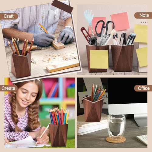 Henoyso 2 Pcs Wood Pen Holder for Desk Wooden Pencil Cups, Black Walnut
