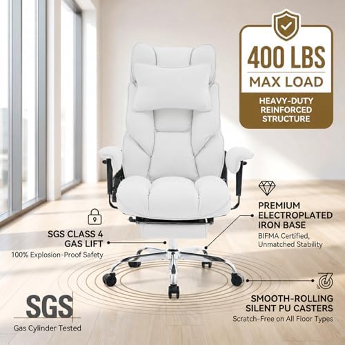 mokodo Big and Tall Office Chair 400lbs, Breathable Fabric Executive Desk Chair with Pocket Spring Cushion, 155° Reclining Computer Chair with Integrated Headrest & Lumbar Pillow (White)