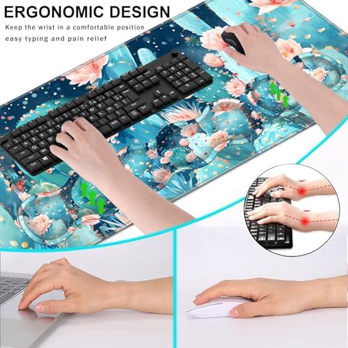 Keyboard Wrist Rest and Mouse Pad with Wrist Support Set Ergonomic Coaster,Memory Foam,Easy Typing Pain Relief,Large XL Desk Mat 31.5"x 11.8",Cute Cactus