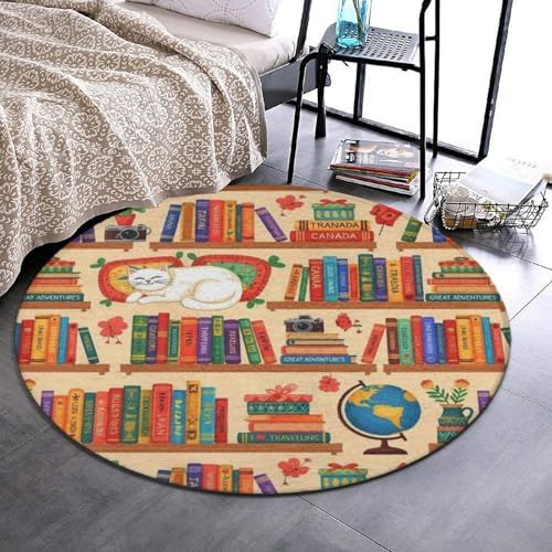 Large Home Decor Mat, Soft Round Yoga Carpet, Non-Slip Machine Washable Home Office Circle Rug Compatible with Sleeping Cat Library Bookshelf