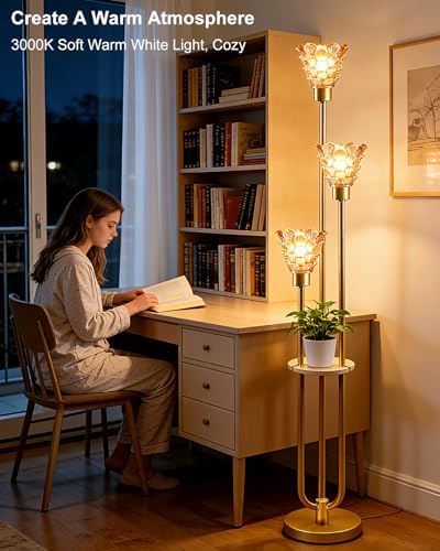3-Light Modern Glass Floor Lamp with Shelf, Gold Tall Standing Lamp with Amber Flower Glass Shade, LED Floor Lamp with Foot Switch& 5Lbs Heavy Base for Living Room Bedroom, Bulb Included