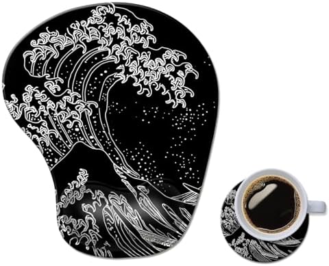 Ergonomic Mouse Pad with Wrist Rest,Comfortable Computer Gel Mouse Pad Wrist Support for Laptop,Pain Relief Mousepad with Non-Slip PU Base Japanese Wave