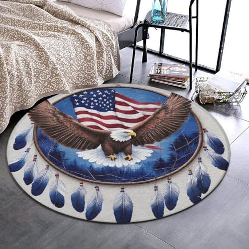 Room Sofa Yoga Soft Round Carpet, Home Decor Non Slip Kitchen Office Circle Rug, Machine Washable Modern Round Area Rug Boho Totem Native American Flag Eagle Dream Catcher, 24inch