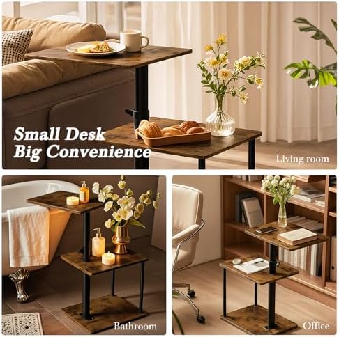 Faesun 360° Swivel Side Table for Height Adjustable, C Shaped End Table for Couch with Storage, 3-Tier Night Stand with Open Shelf, Tv Tray for Small Spaces, Living Room, Bedroom, Rustic Brown