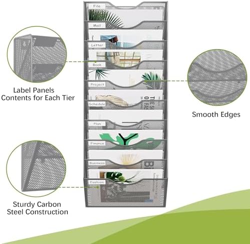 EasyPAG 10 Pocket Mesh Wall File Organizer, Hanging Paper Folder Holder with Classify Label, Vertical Wall Mount Mail Organizer for Office Home Classroom, Silver