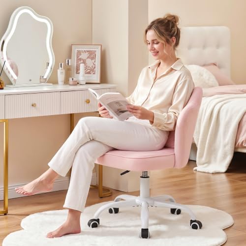 Vanity Chair with Wheels, Swivel Velvet Makeup Desk Chair, Pink