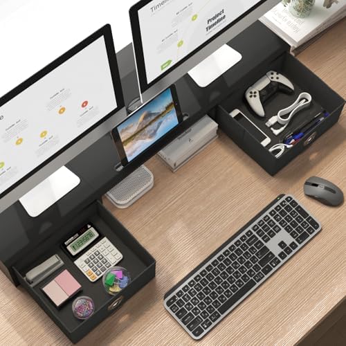 WESTREE Dual Monitor Stand Riser with Two Drawers, Extra Large Storage Monitor Stand for 2 Monitors, Desktop Oraganizer Stand for Computer,Laptop,Screen,Printer,TV