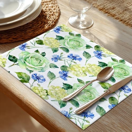 Shrahala Vintage Blue Set of 8 12 X 18 Inch Linen Placemats, Pink Flower The of Rose Hand Draw Watercolor Burlap Table Mat Washable Double Layered Heat Insulation for Indoor/Outdoor