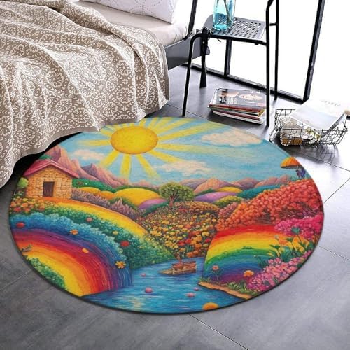 Home Decor Non Slip Kitchen Office Circle Rug, Machine Washable Modern Round Area Rug, Room Sofa Yoga Soft Round Carpet Colorful Red Cottage Landscape Art, 24inch