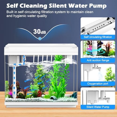 Smart Aquarium Fish Tank with Silent Water Pump, 2.4 Gallon Small Aquarium with Quick Start Kit, Temperature Display, Humidifier and RGB Lights, Perfect for Home, Office, and Decor, White