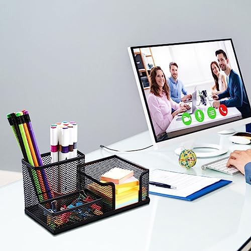 2-Piece Desk Pen & Pencil Organizer - Mesh Metal Pen Cup with Sticky Notes Holder, Black