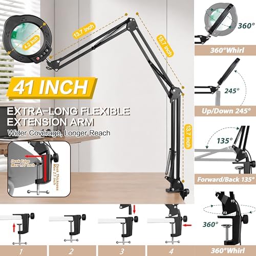 15X Magnifying Glass with Light, Stand & Clamp, Ultra Long 3-Section Swing Arm LED Magnifying Lamp, Dimmable with 5 Color Modes, Hands Free Desk Lamp for Workbench, Repair, Close-Up Work