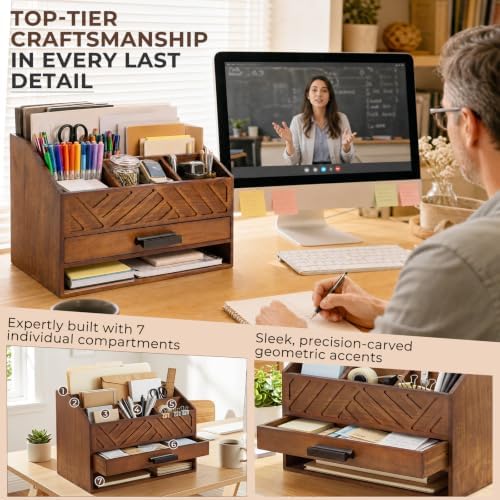 Wooden Desk Organizer with 7 Compartments and Drawer, Rustic Desktop Mail Organizer for Desk, Wooden Mail Sorter Organizer with Deep Pockets, File Holder and Sturdy Black Handle for Home Office-Brown