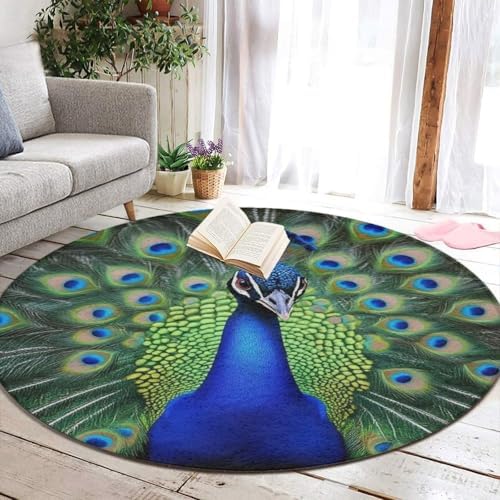 Home Decor Non Slip Kitchen Office Circle Rug, Machine Washable Modern Round Area Rug, Room Sofa Yoga Soft Round Carpet Peacock Feather, 36inch