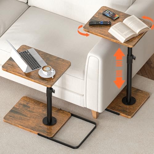 Tv Trays Set of 2 for Couch - 360°Swivel Height Adjustable, Larger Metal and Wooden Base to Prevent Slipping，TV Tray C Shaped End Table Food Snack Trays for Eating Sofa Bed Bathroom
