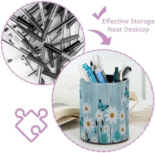Daisy Floral Butterfly Rustic Plank Pen Holder Pencil Organizer Cute Pencil Cup Desk Decor Makeup Brush Holder PU Multifunctional Office Supplies for Home Classroom School