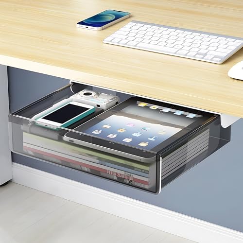 SVNNELP Large Under Desk Table Drawer Storage Organizer A4, Hidden Self-Adhesive Under Desk Pencil Tray Drawer for Office (Clear Black/L)