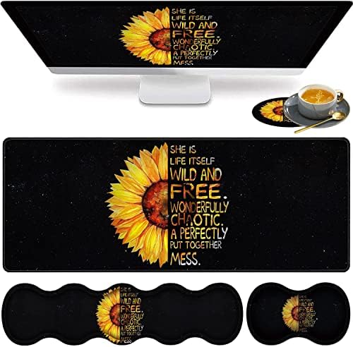 Large Gaming Mouse Pad, Keyboard Wrist Rest pad + Mouse Wrist pad + Coaster Set Extended Waterproof Non-Slip Table mat Suitable for Home Office Learning Games - Watercolor Sunflower
