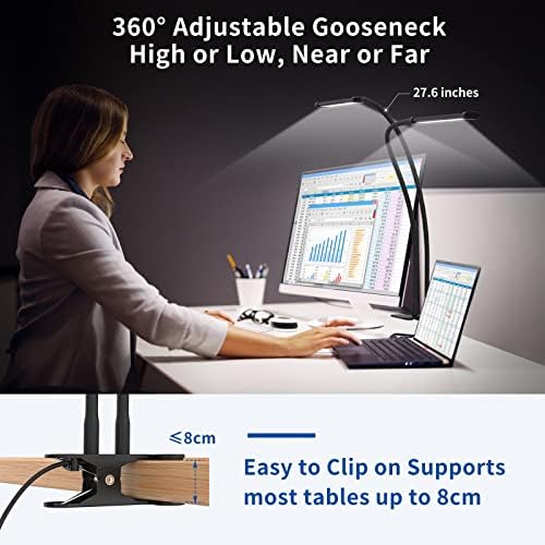 iZELL Desk Lamp, [2 LED Tube] Desk Lamps for Home Office with Clamp, Flexible Gooseneck LED Book Light, Easy Clip on Reading Lights for Bedrooms Beside Table Headboard College Dorm Bed Room - Black