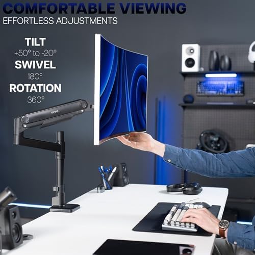 VIVO Aluminum Ultrawide Monitor Tension Stand with Extension Pole for up to 49 inch Screens, Holds 44 lbs, Premium Desk Mount Designed for Samsung Odyssey G9 and More, Black, STAND-POLE1V