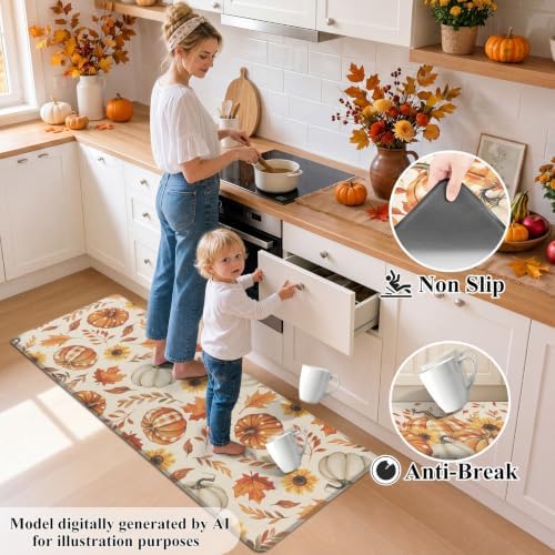 HEBE Fall Kitchen Rugs Set of 2,Anti Fatigue Pumpkin Kitchen Mats for Floor