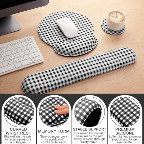 Tellegloww 3 Pcs Wrist Rest Set for Mouse Pad Keyboard, Black and White