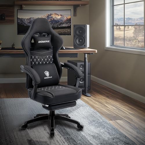 Dowinx Ergonomic Gaming Chair - Breathable Fabric with Gel Pad, Pocket Spring Cushion & Retractable Footrest, Comfortable Gamer Chair with Storage Bag,Deep Black