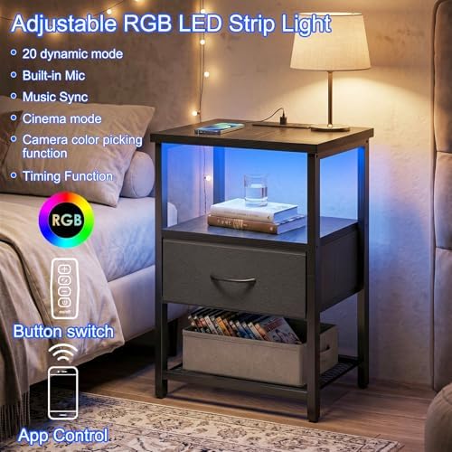 Fixwal Night Stand with Charging Station, Black Led Nightstand, 1 Drawer
