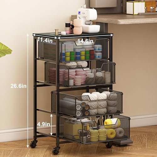 Rolling Cart with Drawers, 4-Drawer Storage Cart on Wheels with Wooden Top, Metal Utility Cart with Storage Drawers, Craft Storage Art Cart for Classroom, Office, Kitchen, Bedroom,Patent Pending
