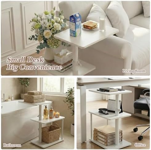 Faesun 360° Swivel Side Table for Height Adjustable, C Shaped End Table for Couch with Storage, 3-Tier Night Stand with Open Shelf, Tv Tray for Small Spaces, Living Room, Bedroom, White