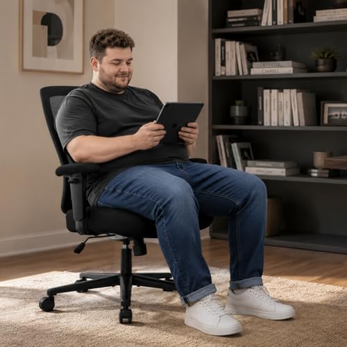 600lbs Big and Tall Office Chair with Wide Thick Seat Cushion for Heavy People Ergonomic Computer Mesh Desk Chairs with Memory Foam Seat, Adjustable Lumbar Support for Adults 8 Hours daliy Work