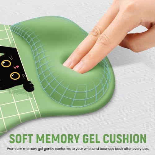 Ergonomic Mouse Pad with Wrist Rest, Gel Wrist Support, Green Cat