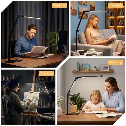 LED Desk Lamp for Home Office with Base, Dimmable Eye Care Architect Desk Light, Adjustable Swing Arm Dual-Light Lighting for Computer Monitor Work Desk Light, Reading, Study & Workbench