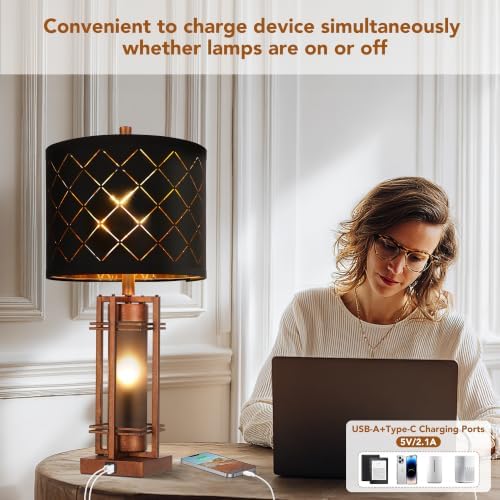 WIHTU 27'' Modern Table Lamp with Nightlight, Glod Metal Bedside Lamps