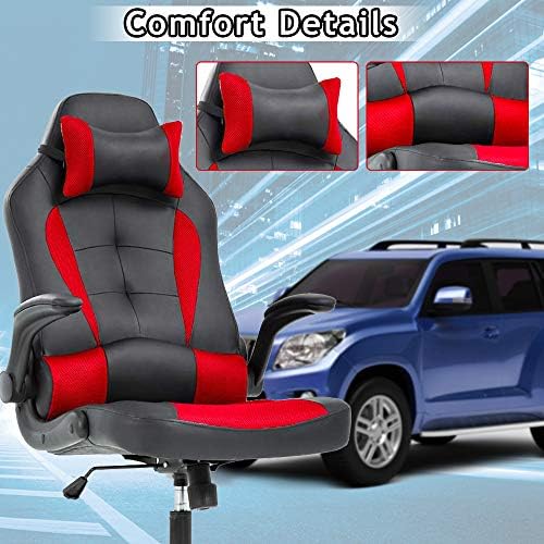 Gaming Chair - Ergonomic High Back Office Computer Desk Chair with Lumbar Support, Flip-Up Arms & Headrest | PU Leather Swivel Task Chair for Adults & Teens | Adjustable Racing Style Executive Chair