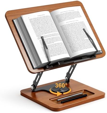 OPTIXCELL Book Stand for Reading, 360° Rotating Book Holder, Page Clips