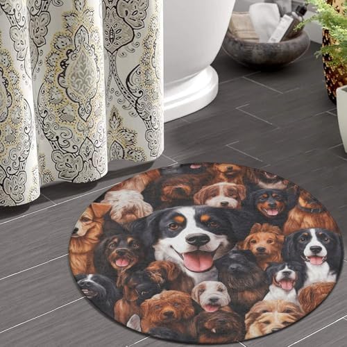 Room Sofa Yoga Soft Round Carpet, Home Decor Non Slip Kitchen Office Circle Rug, Machine Washable Modern Round Area Rug Husky Shepherd Dog Golden Hair Dog Puppy, 36inch