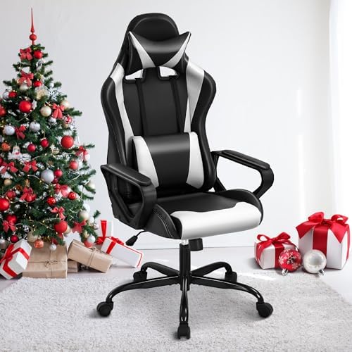 White Gaming Chair PC Office Chair, High Back Computer Chair Gaming Chairs for Adults, Ergonomic Desk Chair Office Gaming Chair with Wheels, Reclining Gamer Chair, Adjustable Headrest Lumbar Support
