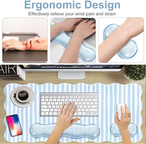 L-SPOUTTO Blue Striped Mouse Pad Set,Scalloped XXL Desk Mat + Ergonomic Mouse Wrist Rest + Gel Keyboard Wrist Rest for Keyboard 65%/75%,3in1 Large Desk Pad for Desktop Home Office Computer Game