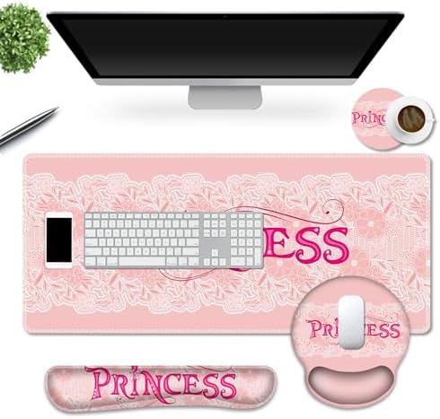 DINKY Pink Mouse Pad with Wrist Rest, Desk Pad for Keyboard and Mouse, Ergonomic Mousepad Set, Keyboard Wrist Rest with Coaster, Desk Mat Combo for Office Home, Pink Princess