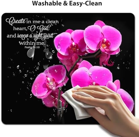 9.5x7.9 Inch Office/Gaming Mouse Pad, Create in Me a Clean Heart Christian Bible Verse Scripture, Vibrant Pink Orchids with Inspirational Quote Cute Anti-Slip Mat for Desk