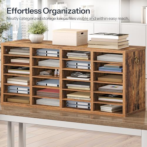 HOOBRO Literature Organizers, 24 Compartments Office Mailbox with Adjustable Shelves, Wood Countertop Literature Sorter for Office, Home, Classroom, Mailrooms Organization Rustic Brown FG64WF01