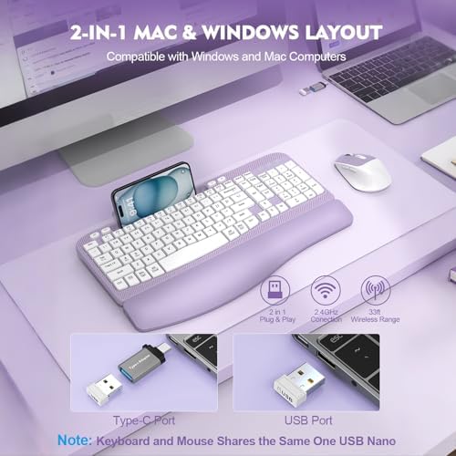 Wireless Keyboard and Mouse Combo, Full-Sized Ergonomic Wave Keys Keyboard with Memory Foam Wrist Rest & Phone Holder, 2.4G Quiet Keyboard Mouse Work Setup for PC Laptop, Office or Home (Purple)