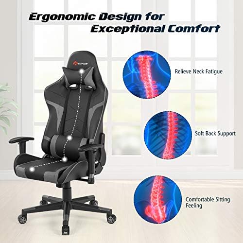 POWERSTONE Gaming Chair - Office Computer Gaming Racing Chair with Lumbar Massager Support PU Leather Adjustable Arms Headrest High-Back Recliner Ergonomic Rolling Swivel (Grey)