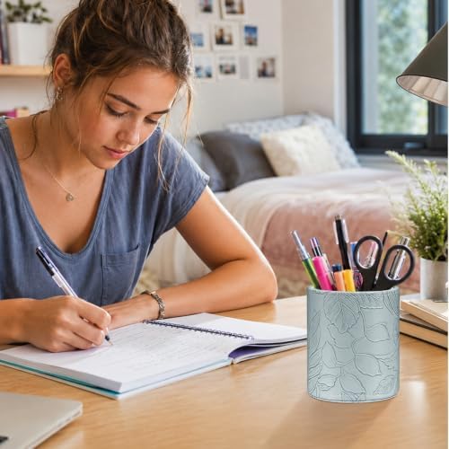 Round Leather Pen Holder for Desk, Desktop Organizer, (Carved Blue)