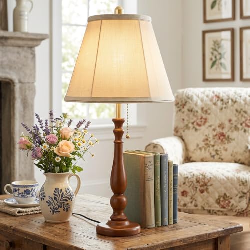 LALISU Farmhouse Table Lamps Rustic Bedroom Lamps 24.41" Wood Bedside Lamp