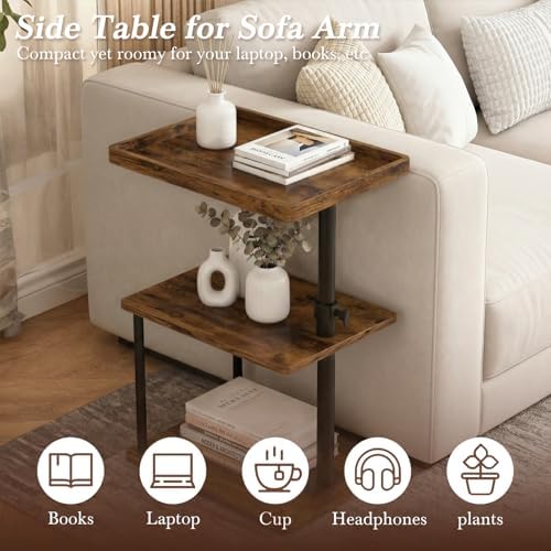 Faesun C Table End Table Adjustable Height, 360°Swivel TV Tray Table for Small Spaces, Small Nightstand for Living Room, Bedroom, Rustic